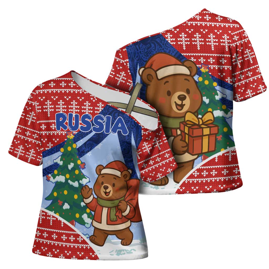 Russia Christmas Cross Shoulder Shirt with Santa Bear Gift Box Christmas Tree and Red Snowflake - Wonder Print Shop