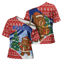 Russia Christmas Cross Shoulder Shirt with Santa Bear Gift Box Christmas Tree and Red Snowflake - Wonder Print Shop