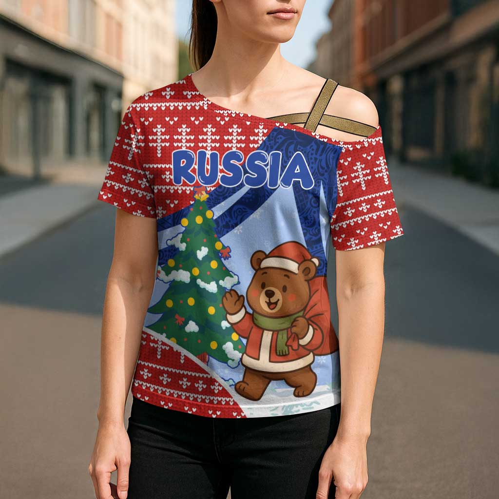 Russia Christmas Cross Shoulder Shirt with Santa Bear Gift Box Christmas Tree and Red Snowflake - Wonder Print Shop