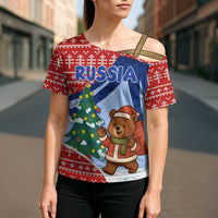 Russia Christmas Cross Shoulder Shirt with Santa Bear Gift Box Christmas Tree and Red Snowflake - Wonder Print Shop