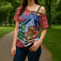 Russia Christmas Cross Shoulder Shirt with Santa Bear Gift Box Christmas Tree and Red Snowflake - Wonder Print Shop