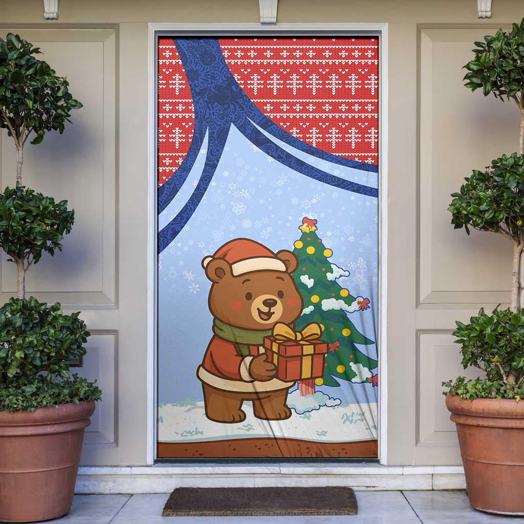 Russia Christmas Door Cover with Santa Bear Gift Box Christmas Tree and Red Snowflake - Wonder Print Shop