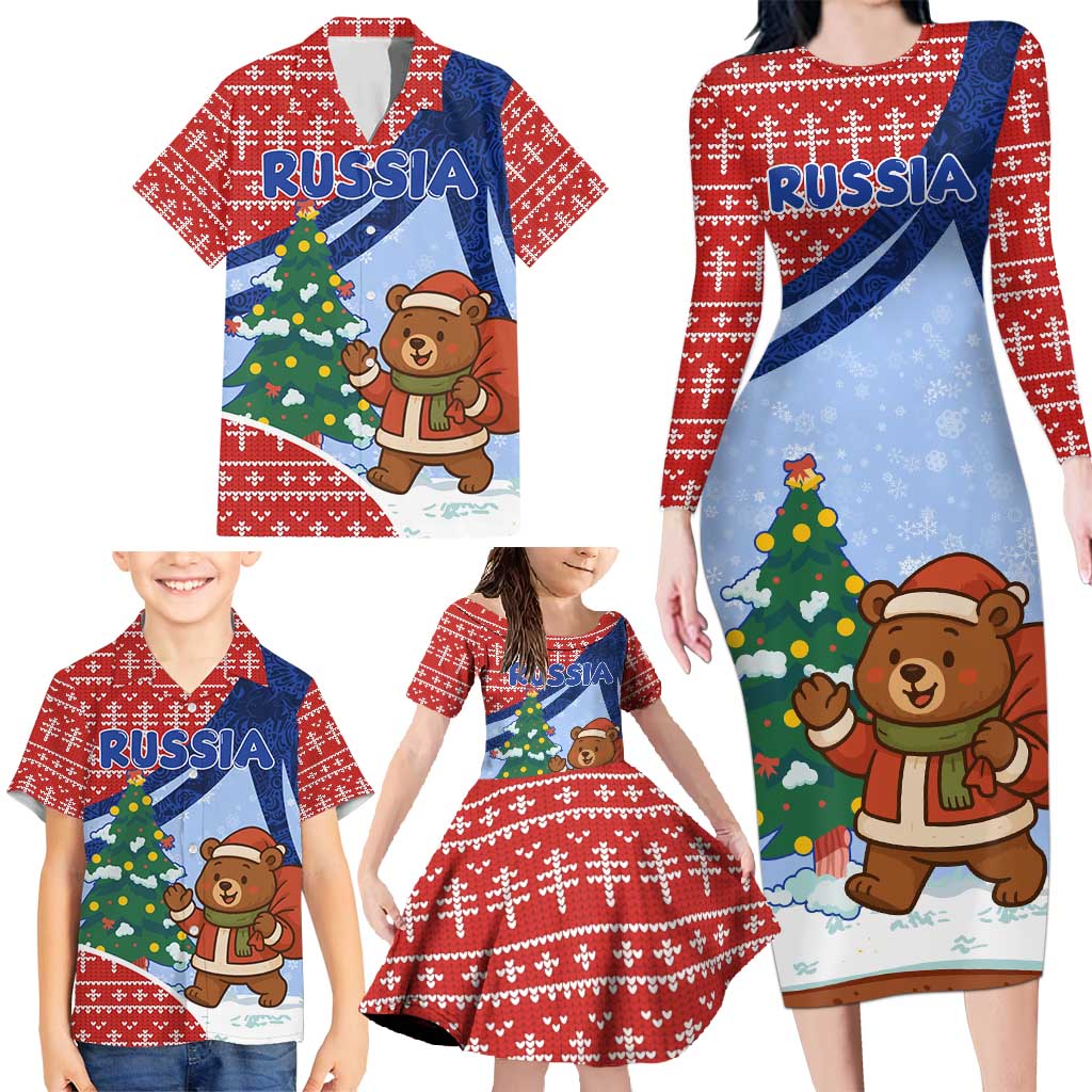 Russia Christmas Family Matching Long Sleeve Bodycon Dress and Hawaiian Shirt with Santa Bear Gift Box Christmas Tree and Red Snowflake - Wonder Print Shop