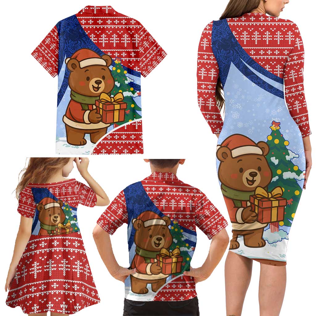 Russia Christmas Family Matching Long Sleeve Bodycon Dress and Hawaiian Shirt with Santa Bear Gift Box Christmas Tree and Red Snowflake - Wonder Print Shop