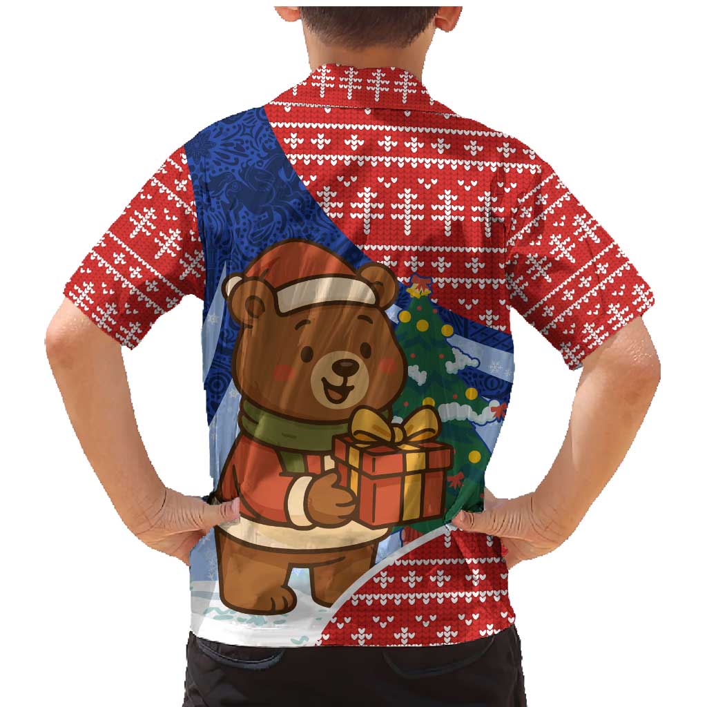 Russia Christmas Family Matching Mermaid Dress and Hawaiian Shirt with Santa Bear Gift Box Christmas Tree and Red Snowflake - Wonder Print Shop
