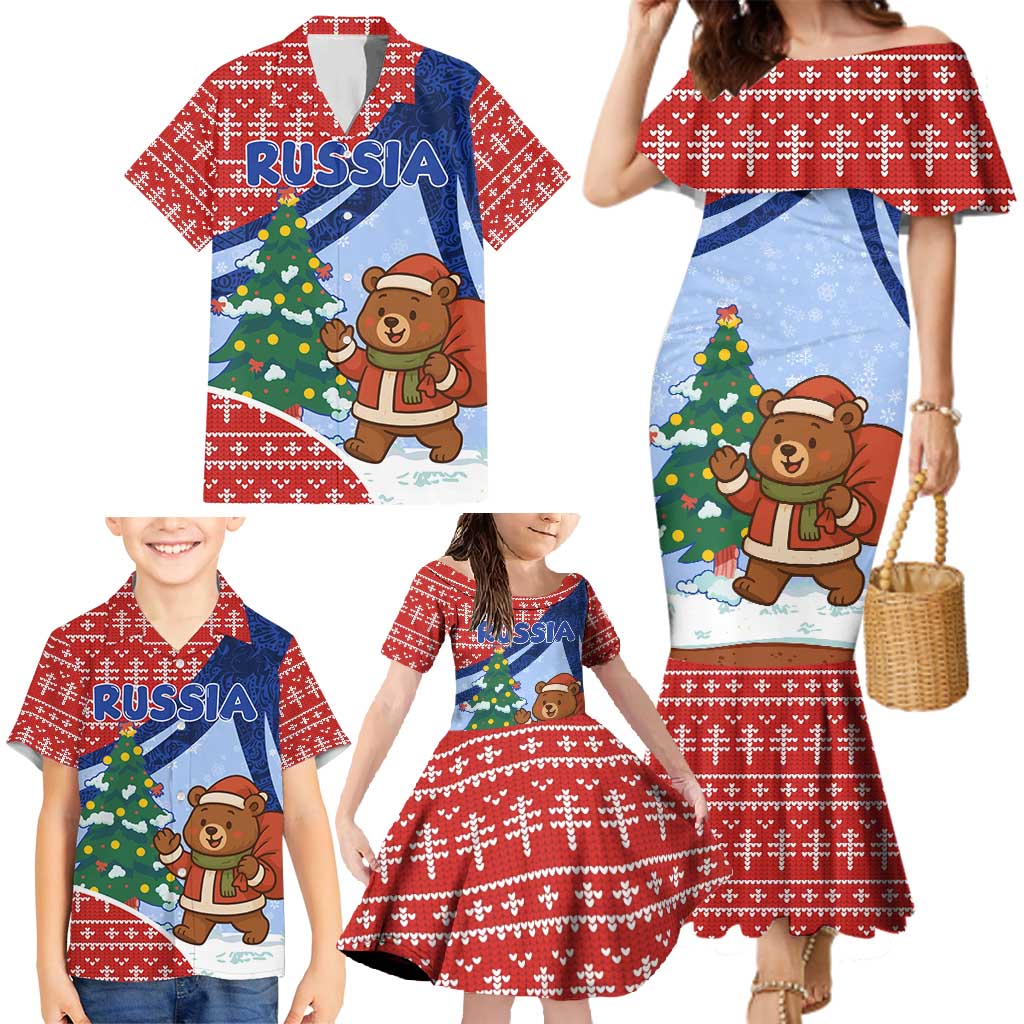 Russia Christmas Family Matching Mermaid Dress and Hawaiian Shirt with Santa Bear Gift Box Christmas Tree and Red Snowflake - Wonder Print Shop