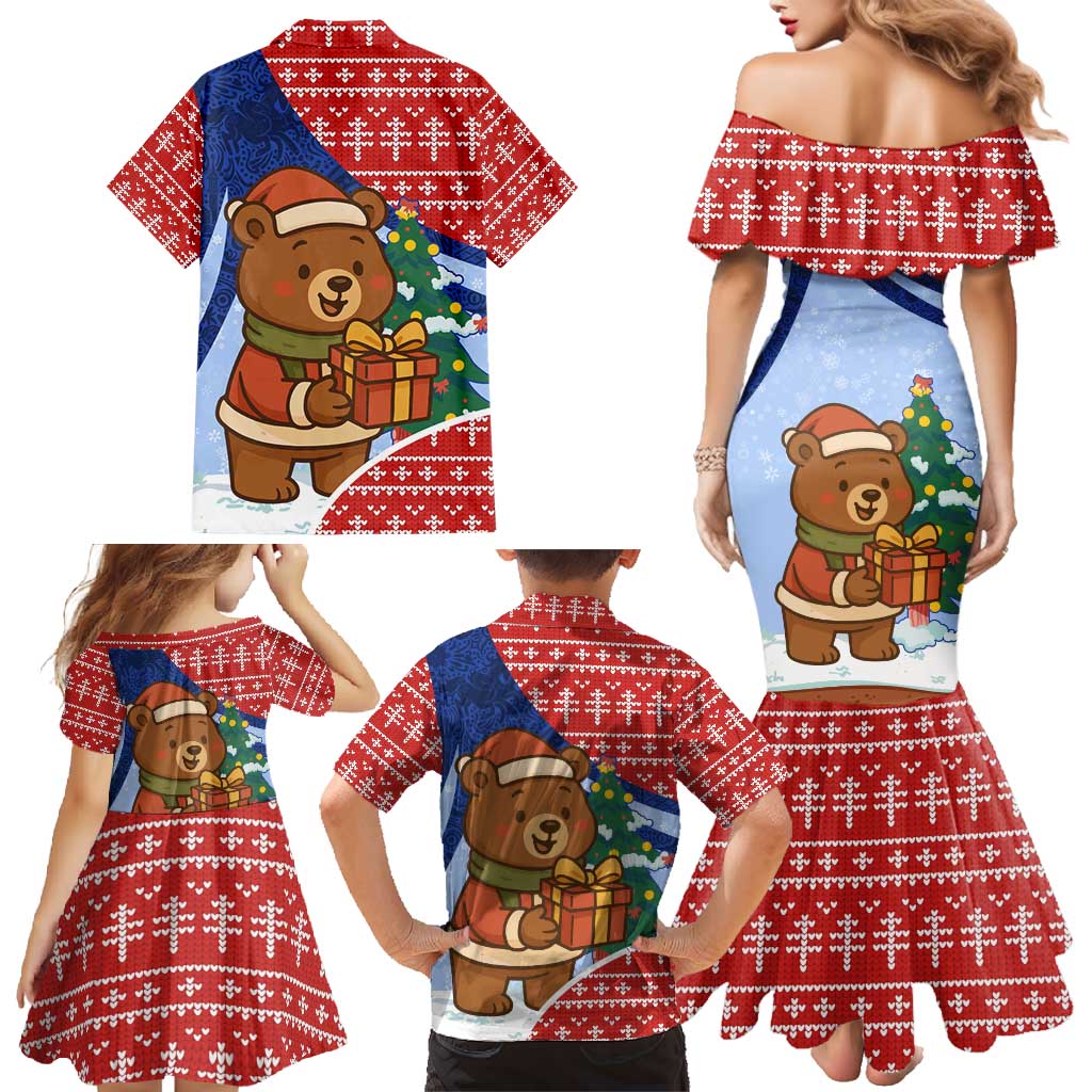 Russia Christmas Family Matching Mermaid Dress and Hawaiian Shirt with Santa Bear Gift Box Christmas Tree and Red Snowflake - Wonder Print Shop