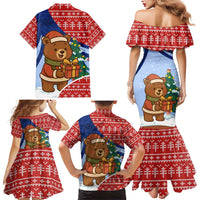 Russia Christmas Family Matching Mermaid Dress and Hawaiian Shirt with Santa Bear Gift Box Christmas Tree and Red Snowflake - Wonder Print Shop