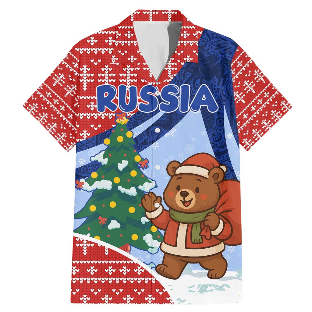 Russia Christmas Family Matching Mermaid Dress and Hawaiian Shirt with Santa Bear Gift Box Christmas Tree and Red Snowflake - Wonder Print Shop