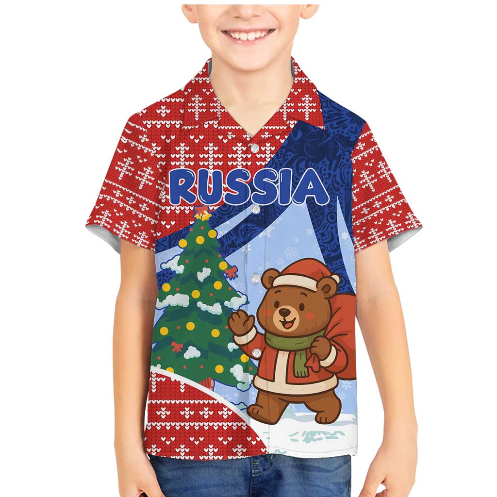 Russia Christmas Family Matching Mermaid Dress and Hawaiian Shirt with Santa Bear Gift Box Christmas Tree and Red Snowflake - Wonder Print Shop