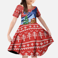 Russia Christmas Family Matching Off The Shoulder Long Sleeve Dress and Hawaiian Shirt with Santa Bear Gift Box Christmas Tree and Red Snowflake - Wonder Print Shop