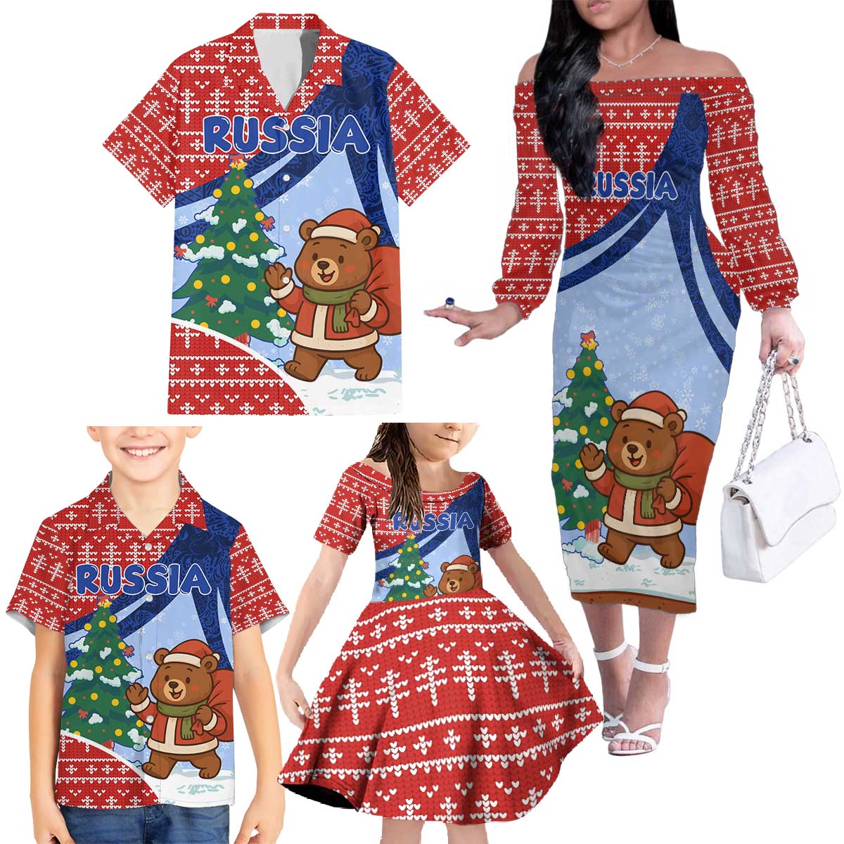 Russia Christmas Family Matching Off The Shoulder Long Sleeve Dress and Hawaiian Shirt with Santa Bear Gift Box Christmas Tree and Red Snowflake - Wonder Print Shop
