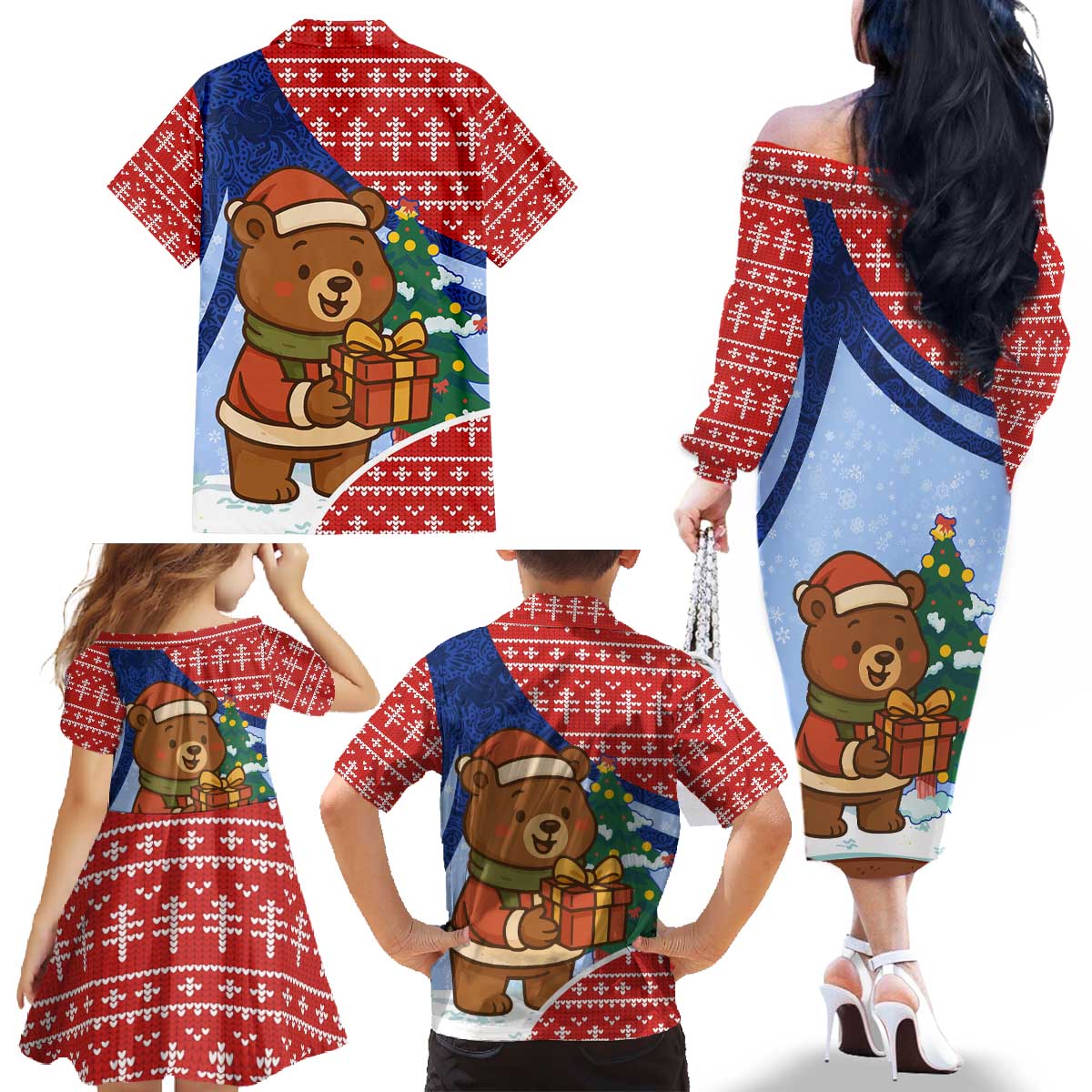 Russia Christmas Family Matching Off The Shoulder Long Sleeve Dress and Hawaiian Shirt with Santa Bear Gift Box Christmas Tree and Red Snowflake - Wonder Print Shop