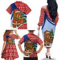 Russia Christmas Family Matching Off The Shoulder Long Sleeve Dress and Hawaiian Shirt with Santa Bear Gift Box Christmas Tree and Red Snowflake - Wonder Print Shop