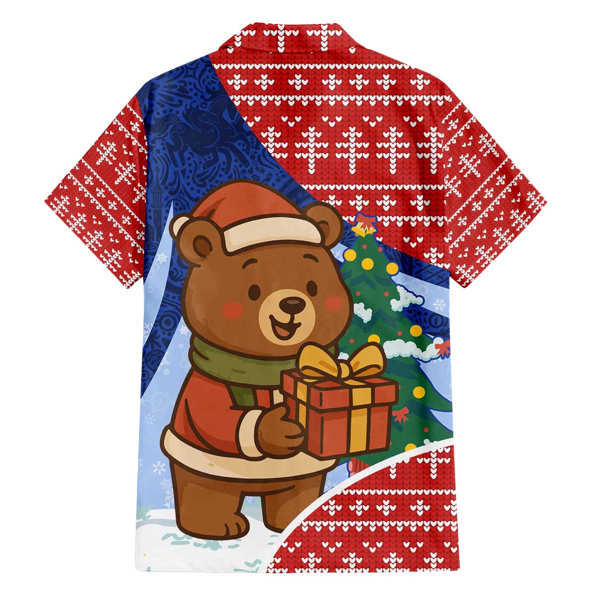 Russia Christmas Family Matching Off The Shoulder Long Sleeve Dress and Hawaiian Shirt with Santa Bear Gift Box Christmas Tree and Red Snowflake - Wonder Print Shop