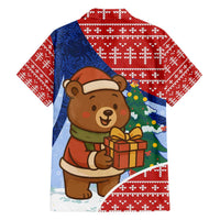 Russia Christmas Family Matching Off The Shoulder Long Sleeve Dress and Hawaiian Shirt with Santa Bear Gift Box Christmas Tree and Red Snowflake - Wonder Print Shop
