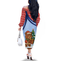 Russia Christmas Family Matching Off The Shoulder Long Sleeve Dress and Hawaiian Shirt with Santa Bear Gift Box Christmas Tree and Red Snowflake - Wonder Print Shop