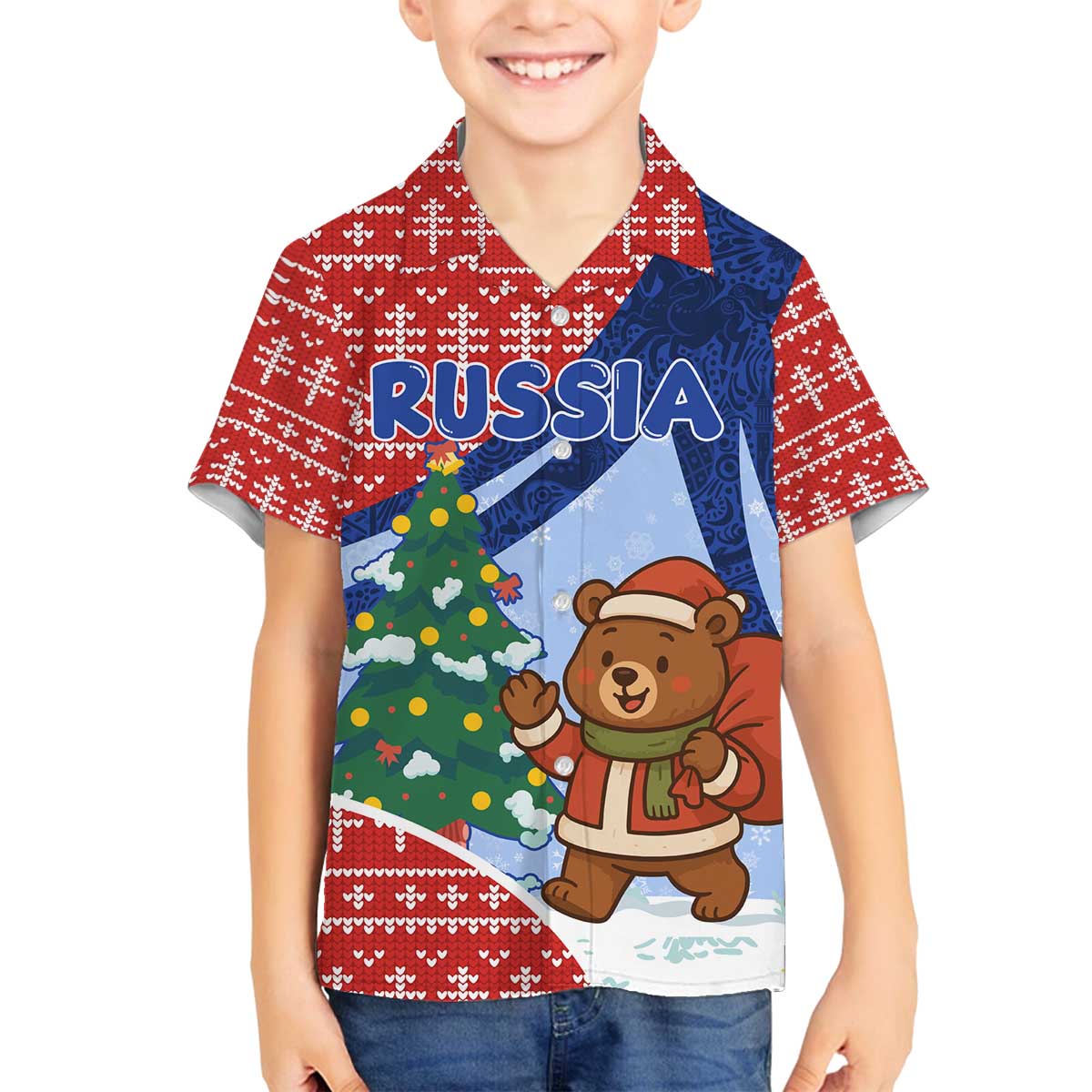 Russia Christmas Family Matching Off The Shoulder Long Sleeve Dress and Hawaiian Shirt with Santa Bear Gift Box Christmas Tree and Red Snowflake - Wonder Print Shop