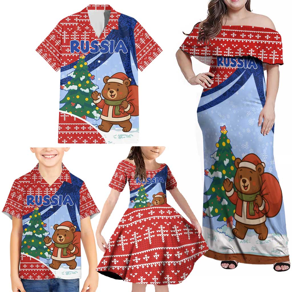 Russia Christmas Family Matching Off Shoulder Maxi Dress and Hawaiian Shirt with Santa Bear Gift Box Christmas Tree and Red Snowflake - Wonder Print Shop