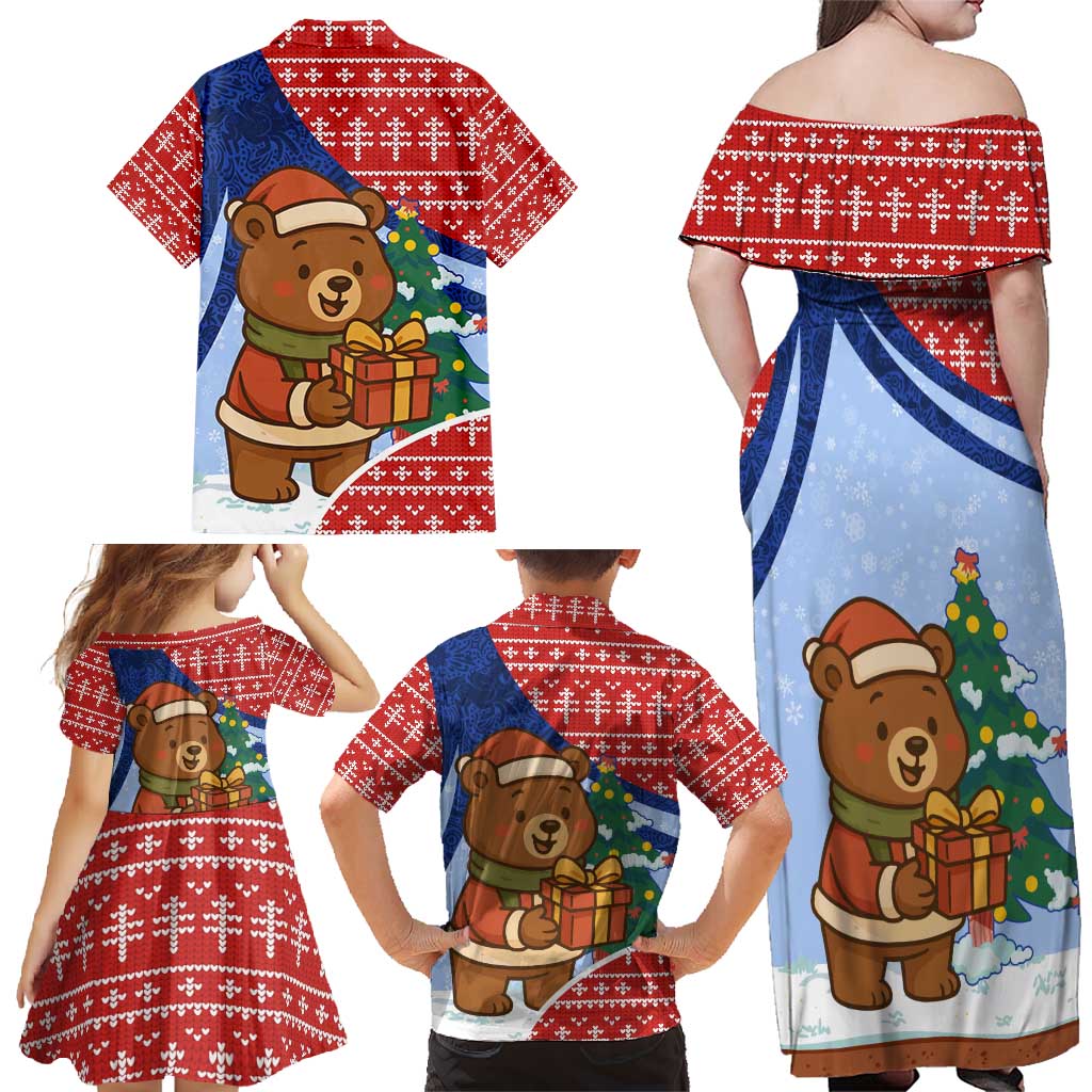 Russia Christmas Family Matching Off Shoulder Maxi Dress and Hawaiian Shirt with Santa Bear Gift Box Christmas Tree and Red Snowflake - Wonder Print Shop