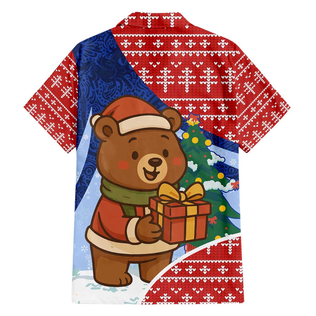 Russia Christmas Family Matching Off Shoulder Maxi Dress and Hawaiian Shirt with Santa Bear Gift Box Christmas Tree and Red Snowflake - Wonder Print Shop