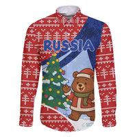 Russia Christmas Family Matching Off Shoulder Maxi Dress and Hawaiian Shirt with Santa Bear Gift Box Christmas Tree and Red Snowflake - Wonder Print Shop