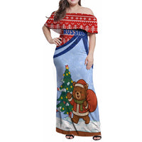 Russia Christmas Family Matching Off Shoulder Maxi Dress and Hawaiian Shirt with Santa Bear Gift Box Christmas Tree and Red Snowflake - Wonder Print Shop
