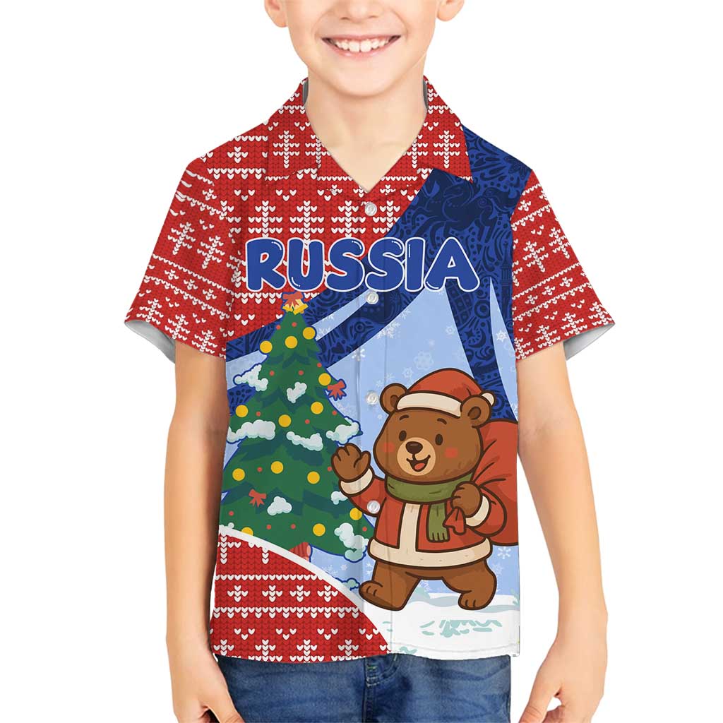 Russia Christmas Family Matching Off Shoulder Maxi Dress and Hawaiian Shirt with Santa Bear Gift Box Christmas Tree and Red Snowflake - Wonder Print Shop