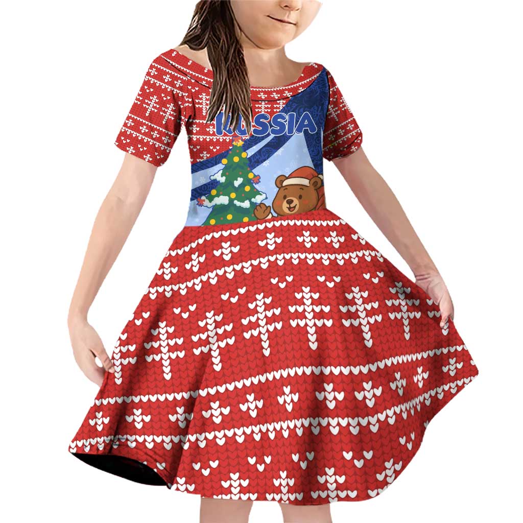 Russia Christmas Family Matching Off Shoulder Short Dress and Hawaiian Shirt with Santa Bear Gift Box Christmas Tree and Red Snowflake - Wonder Print Shop
