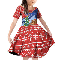 Russia Christmas Family Matching Off Shoulder Short Dress and Hawaiian Shirt with Santa Bear Gift Box Christmas Tree and Red Snowflake - Wonder Print Shop