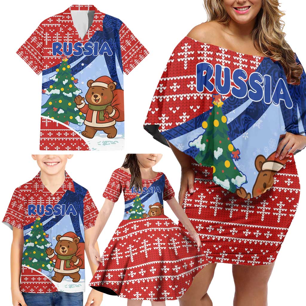 Russia Christmas Family Matching Off Shoulder Short Dress and Hawaiian Shirt with Santa Bear Gift Box Christmas Tree and Red Snowflake - Wonder Print Shop