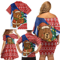 Russia Christmas Family Matching Off Shoulder Short Dress and Hawaiian Shirt with Santa Bear Gift Box Christmas Tree and Red Snowflake - Wonder Print Shop