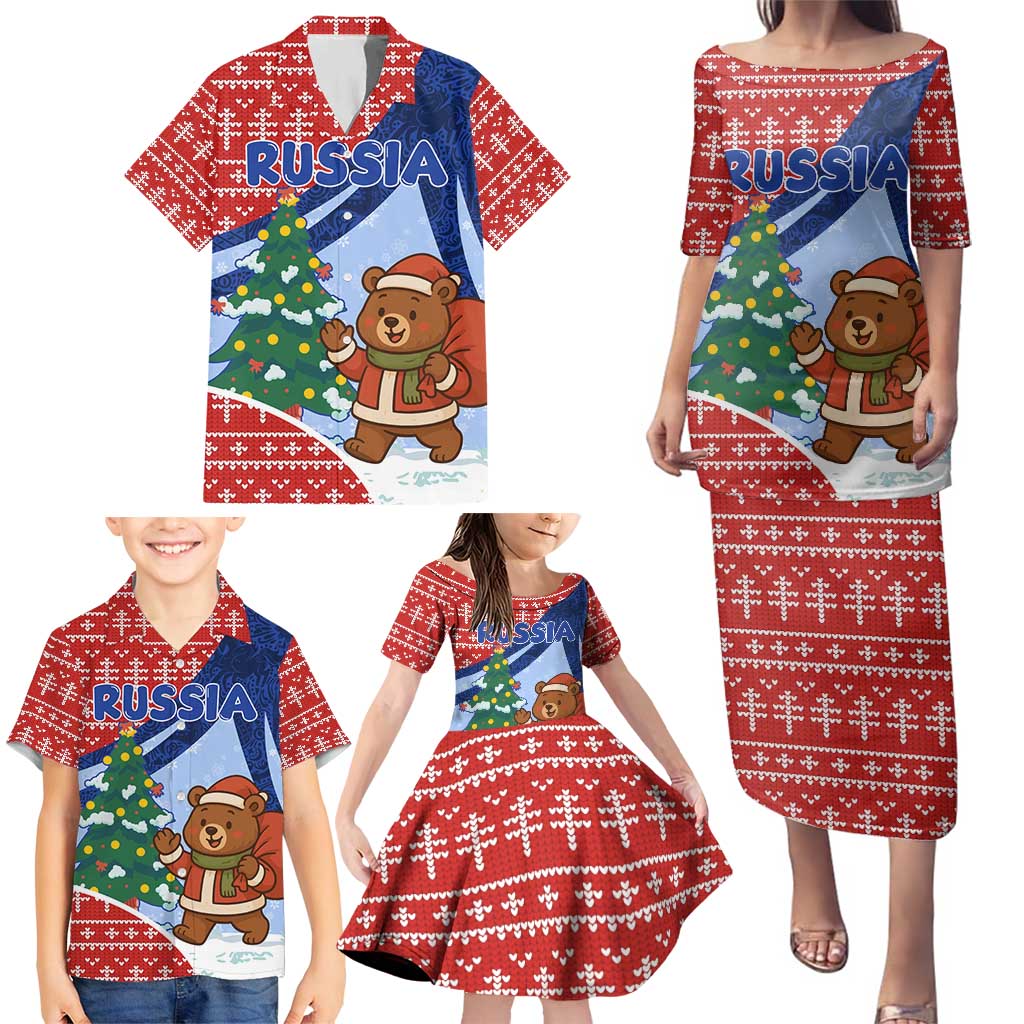 Russia Christmas Family Matching Puletasi and Hawaiian Shirt with Santa Bear Gift Box Christmas Tree and Red Snowflake - Wonder Print Shop