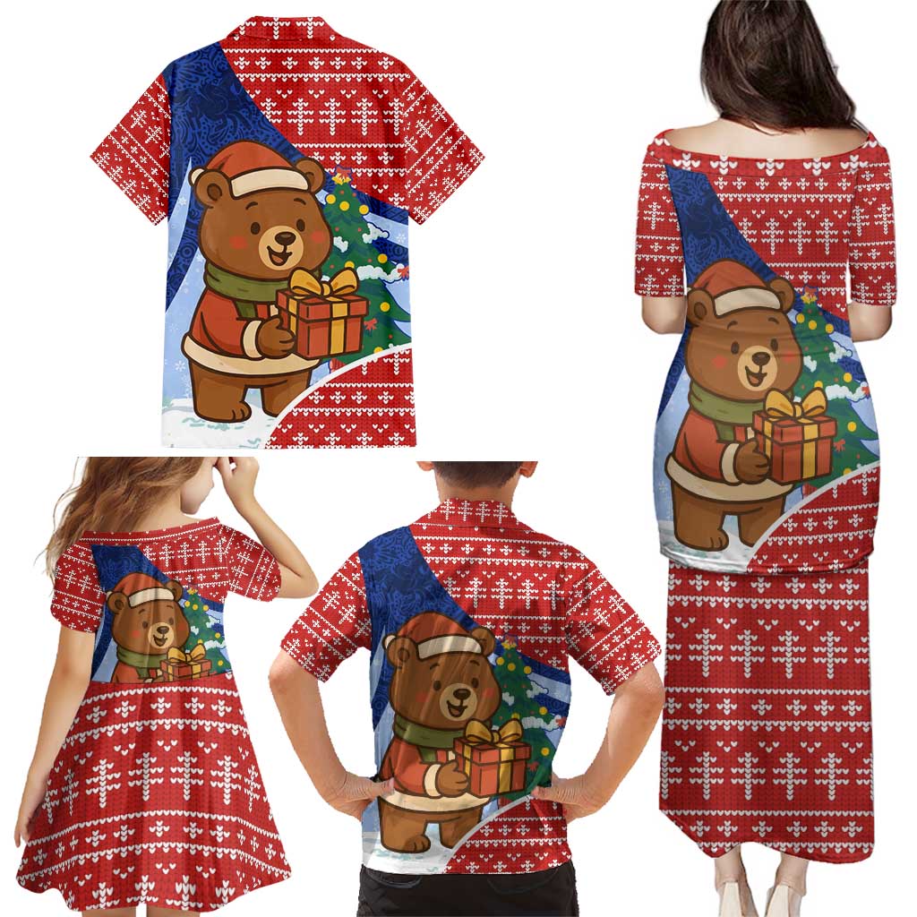 Russia Christmas Family Matching Puletasi and Hawaiian Shirt with Santa Bear Gift Box Christmas Tree and Red Snowflake - Wonder Print Shop