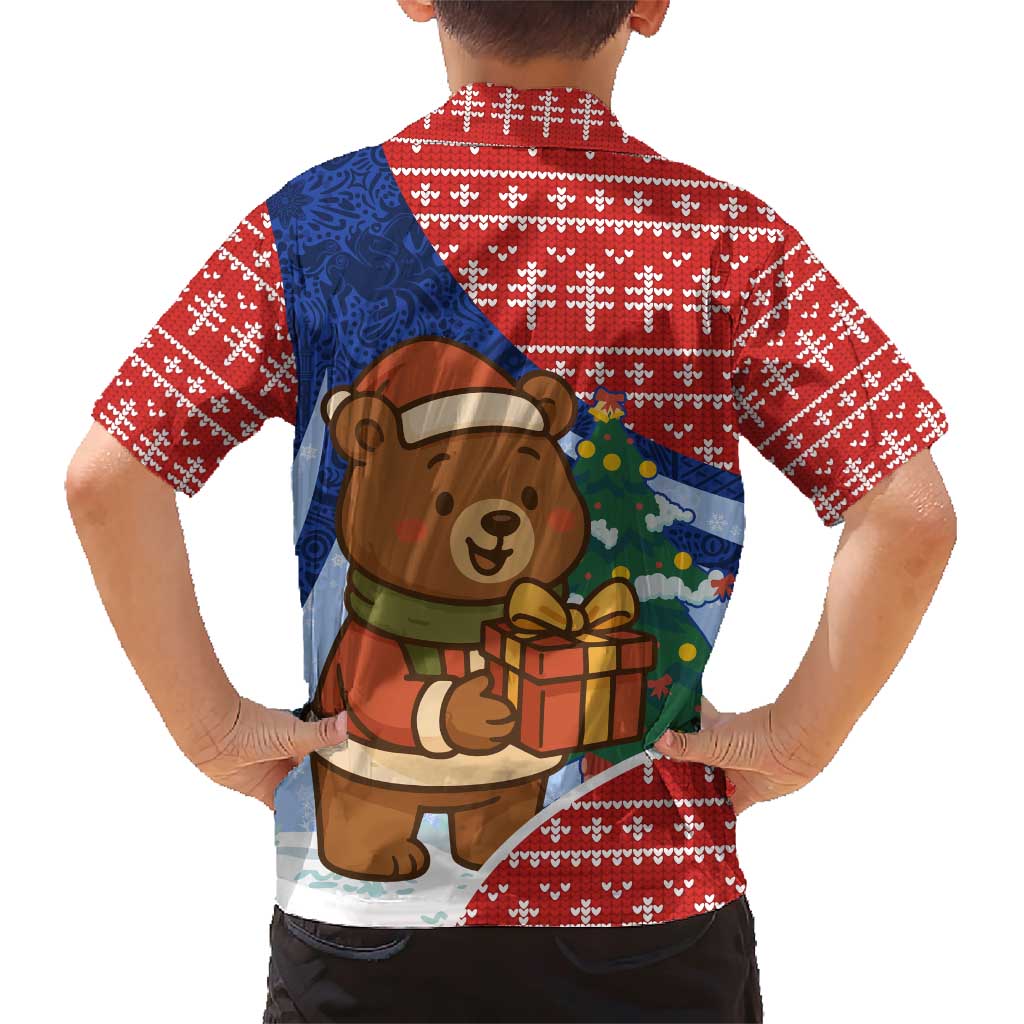 Russia Christmas Family Matching Short Sleeve Bodycon Dress and Hawaiian Shirt with Santa Bear Gift Box Christmas Tree and Red Snowflake - Wonder Print Shop