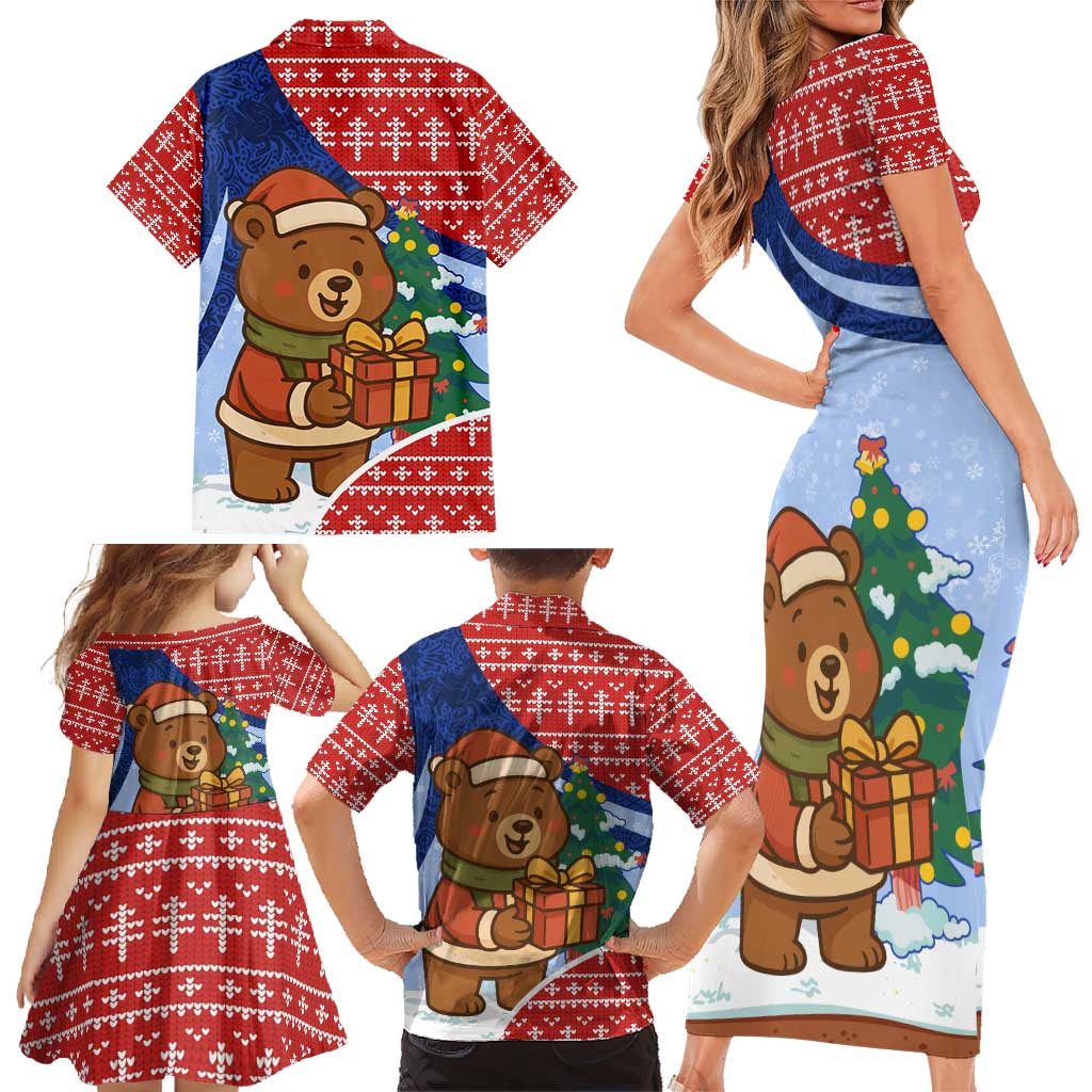 Russia Christmas Family Matching Short Sleeve Bodycon Dress and Hawaiian Shirt with Santa Bear Gift Box Christmas Tree and Red Snowflake - Wonder Print Shop