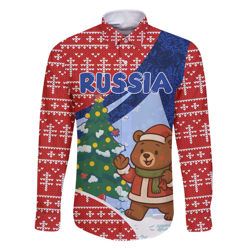 Russia Christmas Family Matching Short Sleeve Bodycon Dress and Hawaiian Shirt with Santa Bear Gift Box Christmas Tree and Red Snowflake - Wonder Print Shop