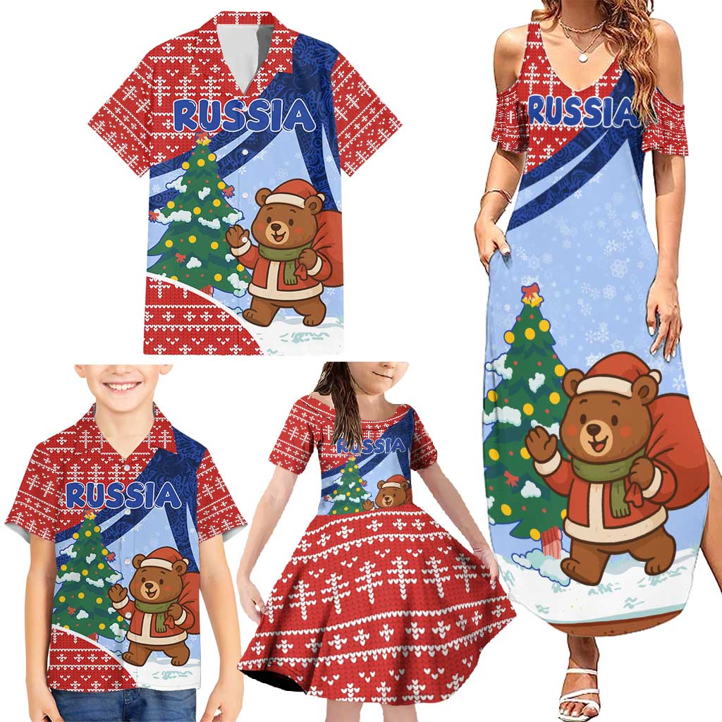 Russia Christmas Family Matching Summer Maxi Dress and Hawaiian Shirt with Santa Bear Gift Box Christmas Tree and Red Snowflake - Wonder Print Shop