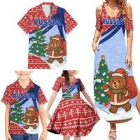 Russia Christmas Family Matching Summer Maxi Dress and Hawaiian Shirt with Santa Bear Gift Box Christmas Tree and Red Snowflake - Wonder Print Shop