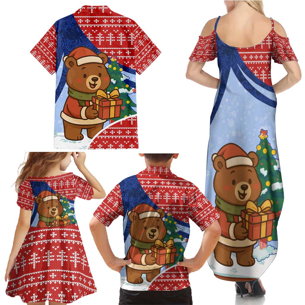 Russia Christmas Family Matching Summer Maxi Dress and Hawaiian Shirt with Santa Bear Gift Box Christmas Tree and Red Snowflake - Wonder Print Shop