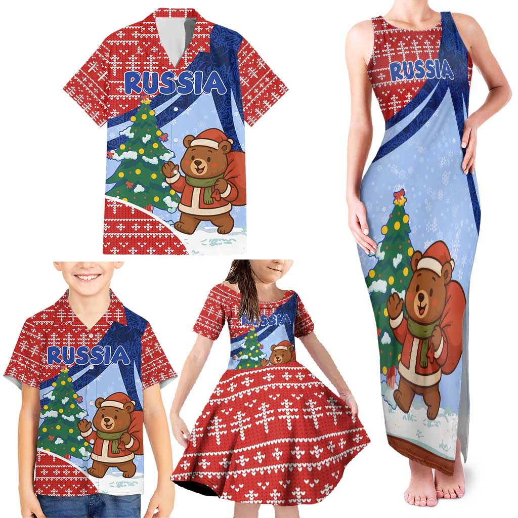 Russia Christmas Family Matching Tank Maxi Dress and Hawaiian Shirt with Santa Bear Gift Box Christmas Tree and Red Snowflake - Wonder Print Shop