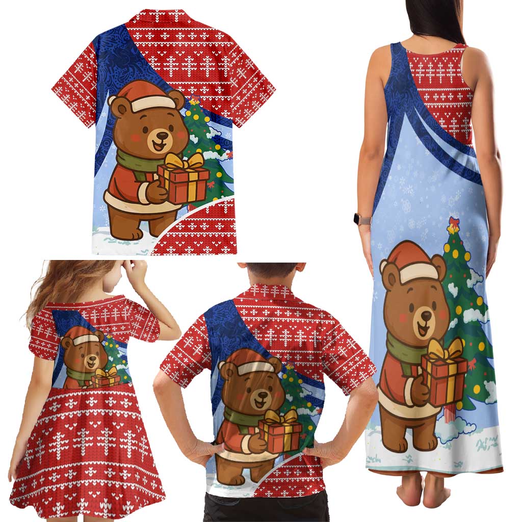 Russia Christmas Family Matching Tank Maxi Dress and Hawaiian Shirt with Santa Bear Gift Box Christmas Tree and Red Snowflake - Wonder Print Shop