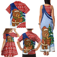 Russia Christmas Family Matching Tank Maxi Dress and Hawaiian Shirt with Santa Bear Gift Box Christmas Tree and Red Snowflake - Wonder Print Shop