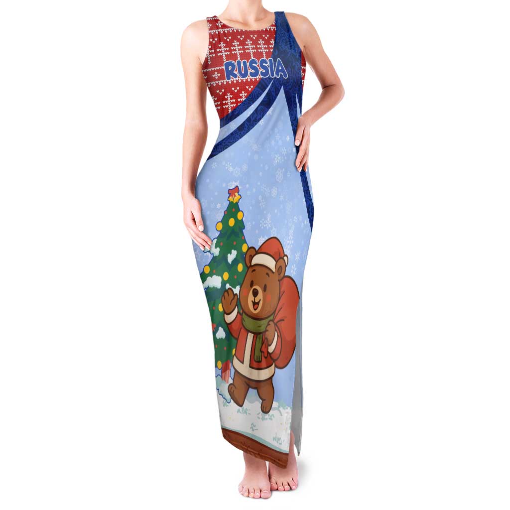Russia Christmas Family Matching Tank Maxi Dress and Hawaiian Shirt with Santa Bear Gift Box Christmas Tree and Red Snowflake - Wonder Print Shop