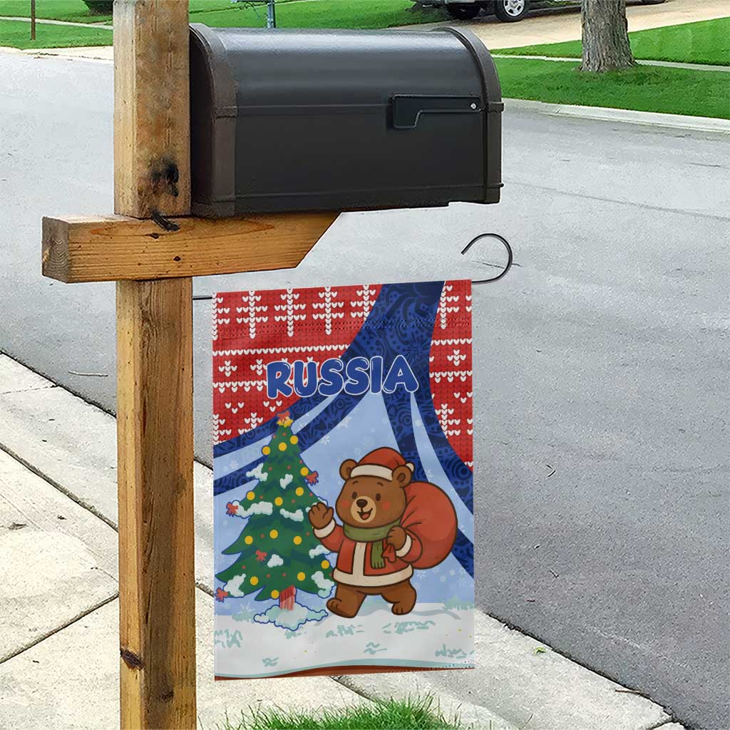 Russia Christmas Garden Flag with Santa Bear Gift Box Christmas Tree and Red Snowflake - Wonder Print Shop
