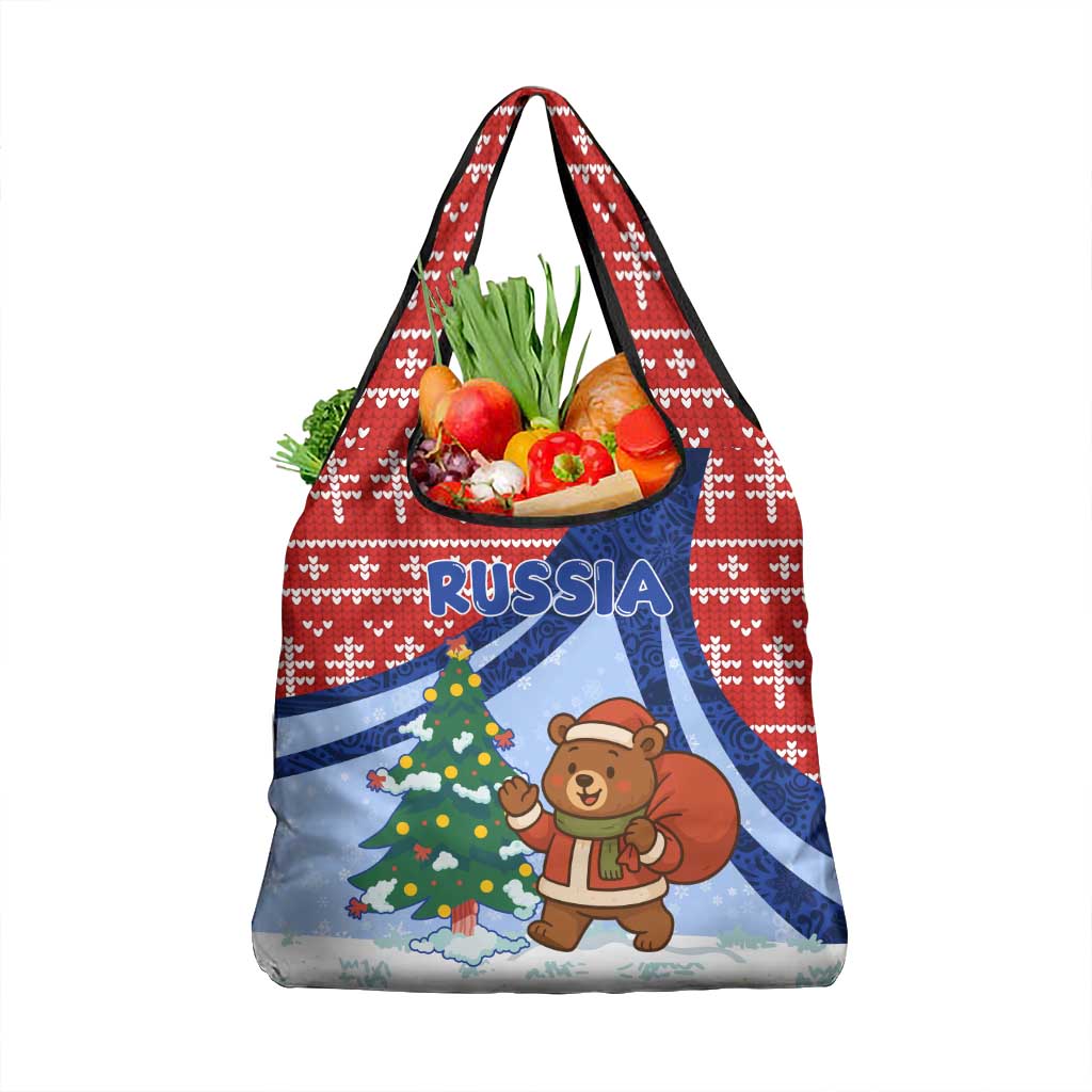 Russia Christmas Grocery Bag with Santa Bear Gift Box Christmas Tree and Red Snowflake - Wonder Print Shop