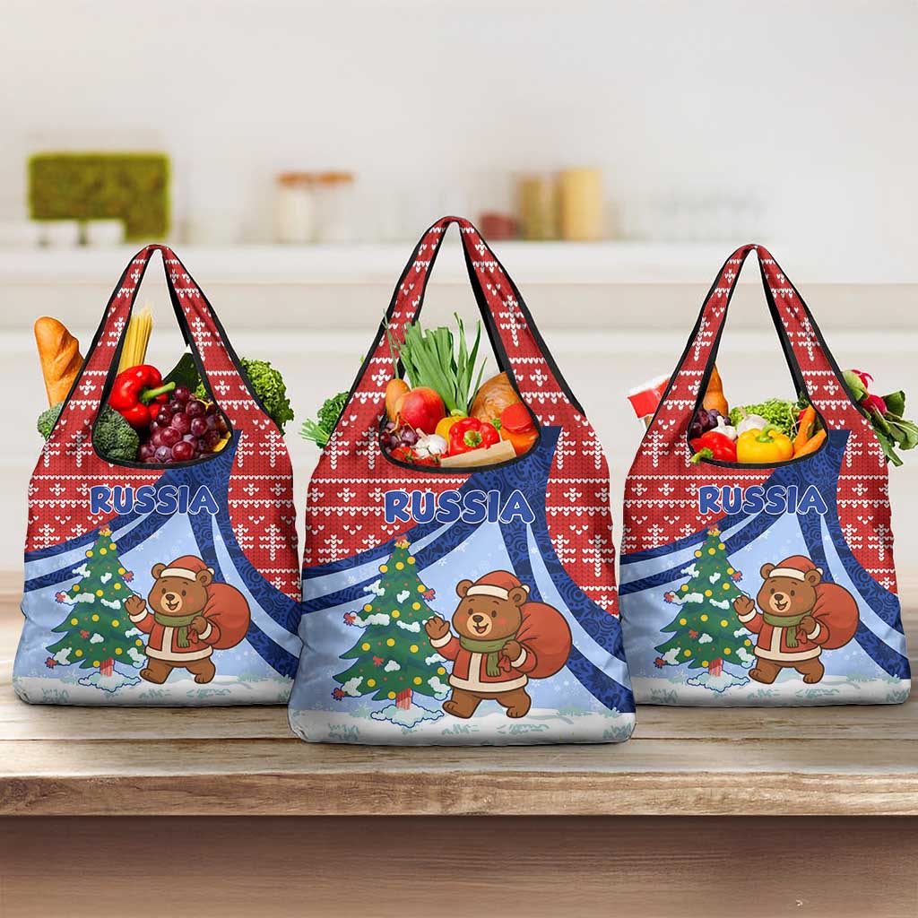 Russia Christmas Grocery Bag with Santa Bear Gift Box Christmas Tree and Red Snowflake - Wonder Print Shop