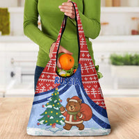 Russia Christmas Grocery Bag with Santa Bear Gift Box Christmas Tree and Red Snowflake - Wonder Print Shop