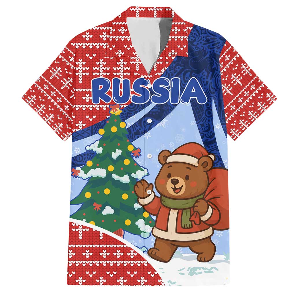 Russia Christmas Hawaiian Shirt with Santa Bear Gift Box Christmas Tree and Red Snowflake - Wonder Print Shop