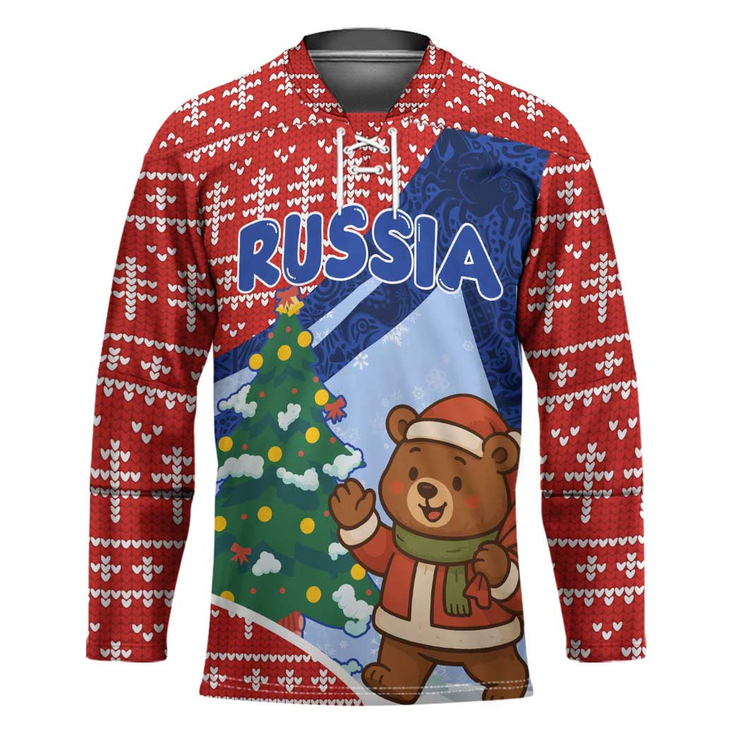 Russia Christmas Hockey Jersey with Santa Bear Gift Box Christmas Tree and Red Snowflake - Wonder Print Shop